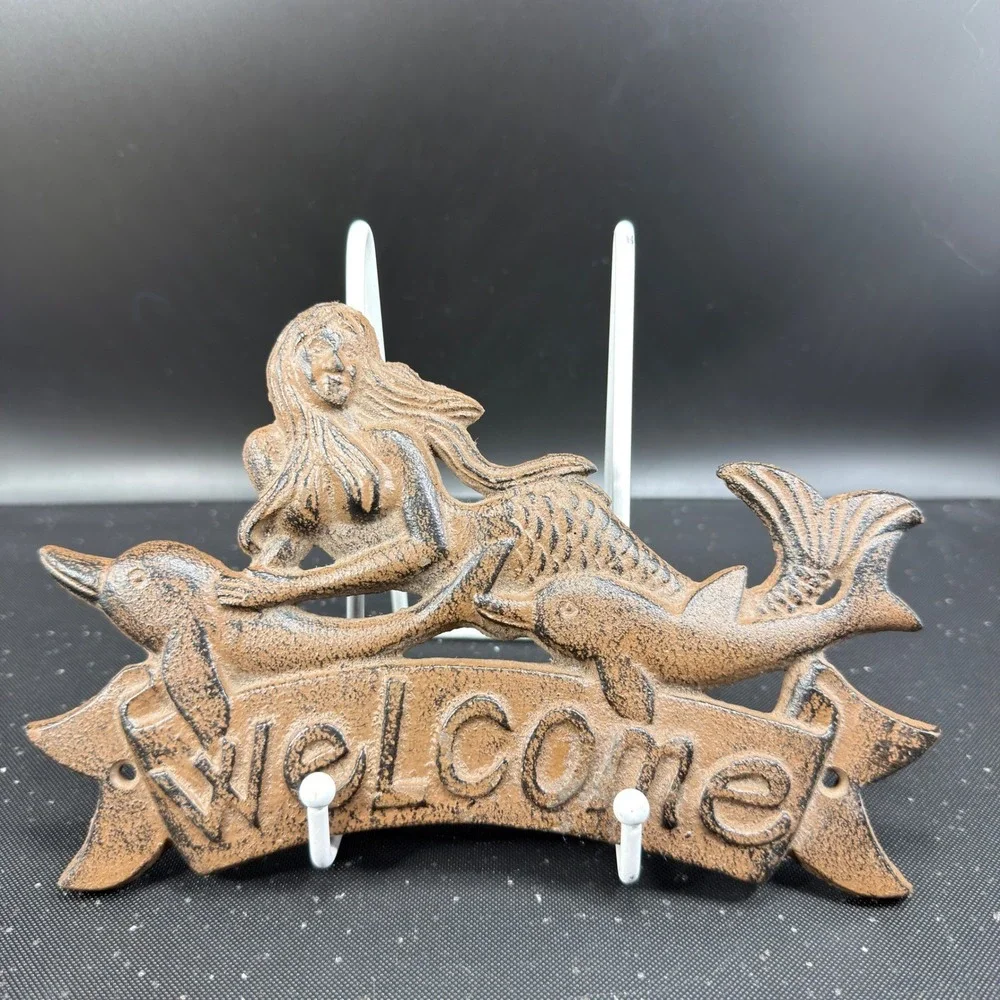 Cast Iron Mermaid Welcome Sign Brown Nautical Dolphin Wall‎ Plaque Coastal Decor
